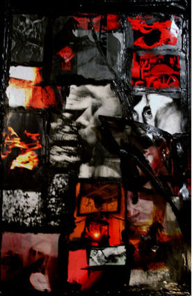 ryan smith Things We Found In The Fire collage digital prints, black & white prints on fiber, transparencies, melted plexiglass, caulk, latex 24x36 in. 2005